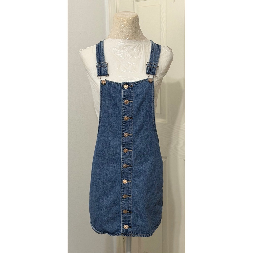 Forever 21 Womens sz M Medium Wash Denim Button Front Overall Pinafore Dress Y2K
